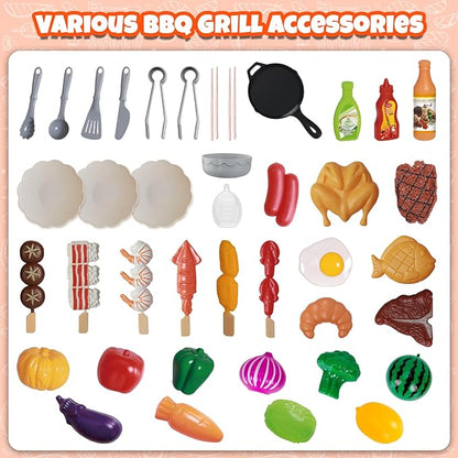 68 Pcs BBQ Grill Playset - with Smoke, Light, Sound & Play Food, Kids Toys Kitchen Play Set, Outdoor Play Grill Toy for Toddlers 3 4 5 6 7 8, Birthday Gifts for 3-8 Years Old Boy Girls