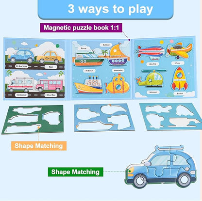 ASTARON 3D Magnetic Puzzle with 60 Puffy Stickers for Toddlers, 51 Pieces 3-in-1 Traffic Puzzles Preschool Education Learning Travel Toys Car Plane Activities for Kids Road Trip Birthday Gifts
