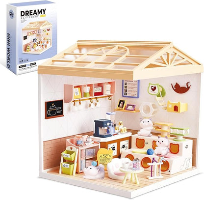 DIY Miniature House Kit Plastic House Building Toy Set with Roof & 2 Doors, Mini Dollhouse Kit with LED for Mini Figures Construction Toys Diorama Kit Gifts for Teens Adults (Happy Cat Pet)