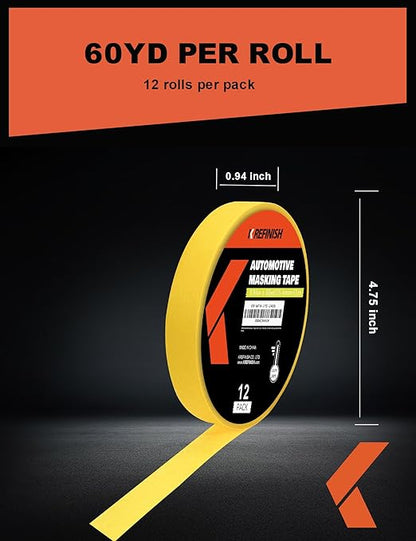 Painters Tape for Cars Vehicles Paint Tape Auto Body Yellow Masking Tape Heat Resistant Automotive Removable No Residue Painting Tape Bulk Set for Paint Booth, 0.94in-60 yards/12rolls