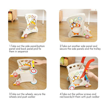 Wooden Baby Push and Pull Walker with Wheels for Boy&Girls,Multiple Activities Kid’s Toy,Shopping Cart Sit to Stand Walker for Toddlers