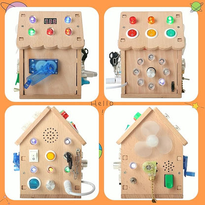 Sound and Light Busy House Wooden Montessori Busy Board, Light Switch Games Toddler Sensory Toys Montessori Toys for 3+ Year Old Gifts for Boys and Girls