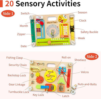 Double-Sided Montessori Busy Board for Toddlers 3-5, Train Babies Fine Motor Skills, Toddler Boy Toy of Sensory Activity Board, Wooden BusyBoard for 3+ Year Old Kids Birthday Gift