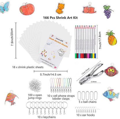 Shrink Art Kit - 166 Pcs with 10 Pcs Shrink Film Paper, 8 Pcs Patterned Shrinky Plastic Paper, Hole Punch, Keychains & Pencils for Crafts and DIY Keychains