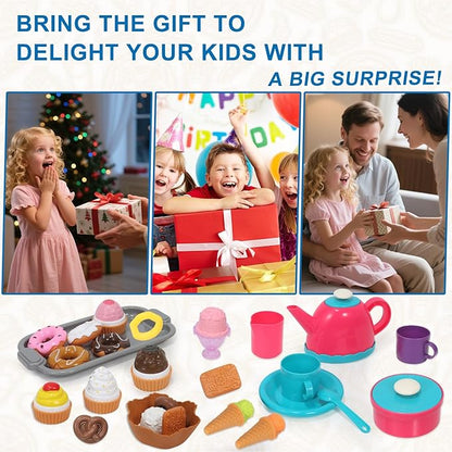 Picnic Basket Toys Play Tea Sets with Teapot Tea Cup Dessert Food,Ice Cream Playset, Pretend Play Kitchen Accessories Tea Party Set for Toddlers Kids Little Girl Boy Age 3-7 Years Old