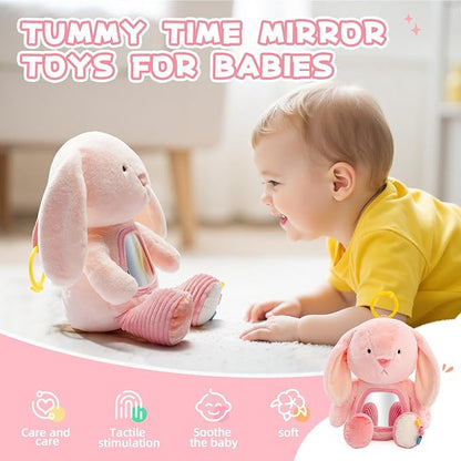 Koty Musical Tummy Time Toy,Baby Mirror Toy 3 Years Old, Infant Sensory Toy with Crinkle Sounds, Textures, Mirror & Melody Music Box for Tummy Time and Self-Discovery (Pink Rabbit)