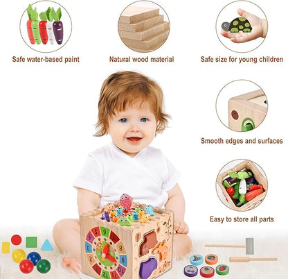 Wooderma Activity Cube, 10-in-1 Wooden Montessori Toys for Toddlers,Multipurpose Educational Sensory Toy for Baby, Preschool Learning Fine Motor Skills Game, First Birthday Gifts for 3 4 5 Year Old