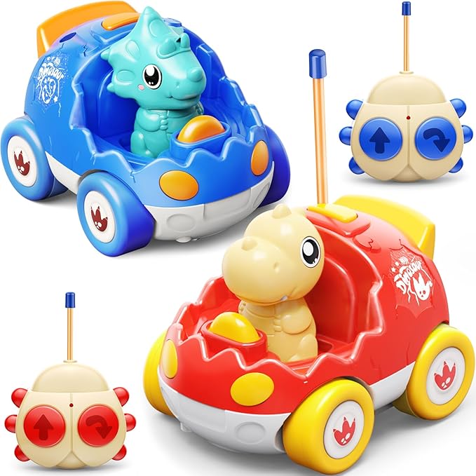 2 Pack Dinosaur Remote Control Cars Toys for Kids 2 3 4 5 6 Years Old, Christmas Birthday Gifts for Boys and Girls Ages 2-6, Dino Race Car Toddlers Toys with Music and Light(Red Blue)