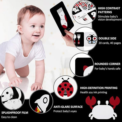 beiens High Contrast Baby Flashcards, Newborn Brain Development Toys, Visual Stimulation Learning Activity Cards, 20 PCs 40 Pages Educational Infants Gift (3-6 Months (Black & White & Color))