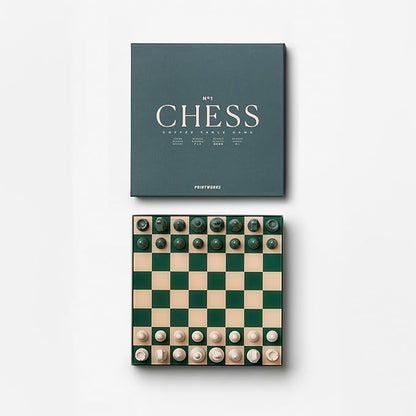 Printworks Classic Chess – Green Wooden Chess Set with Acrylic Board – Stylish Coffee Table Game for Adults & Kids Ages 5+ – Multilingual Instructions Included