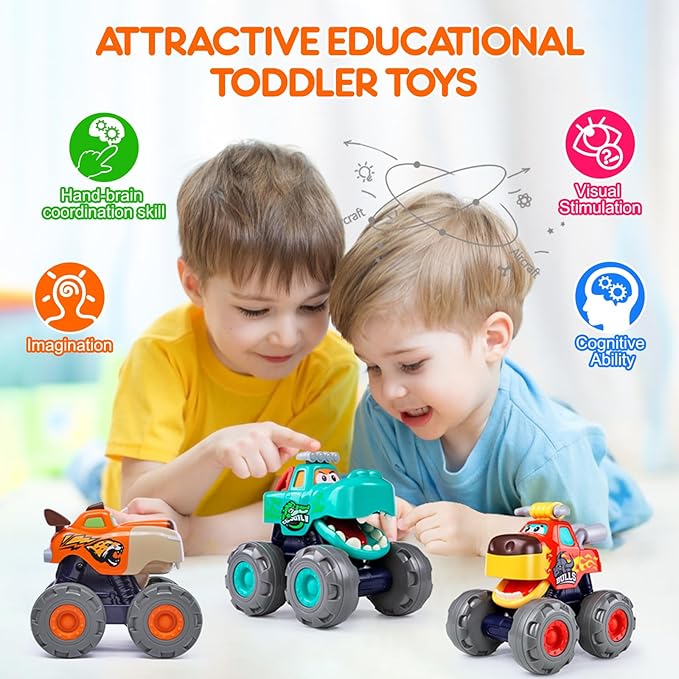 Toy Cars for 1 2 3 Year Old 3 Pack Monster Truck Toys Crocodile Bull Leopard Pull Back Car Big Wheel Animal Toy Trucks for Toddler 1-3 Baby Toys 12 18 Months Boy Girl Toddler Toy for 1 Year Old Gift
