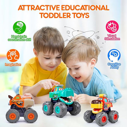 Toy Cars for 1 2 3 Year Old 3 Pack Monster Truck Toys Crocodile Bull Leopard Pull Back Car Big Wheel Animal Toy Trucks for Toddler 1-3 Baby Toys 12 18 Months Boy Girl Toddler Toy for 1 Year Old Gift