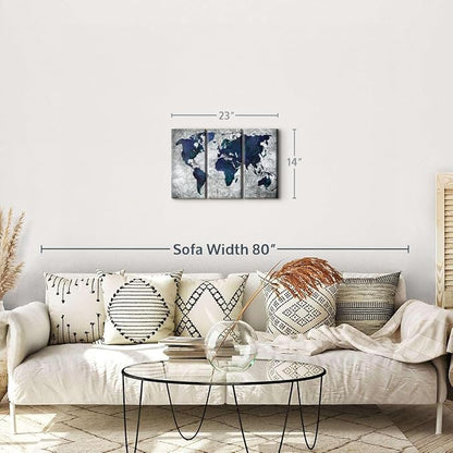ElephantStock Deep Blue World Map Multi Piece Canvas - 3 Panel Wall Decor - Map of the World Art - Canvas for the Office and Home - 23" X 14"