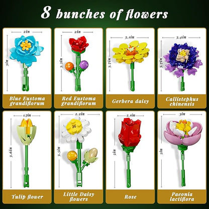 Floral Bouquet Building Set with Elegant Display Stand – Creative Artificial Flowers Kit for Home Decor, Mother’s Day & Valentine’s Gifts. Perfect for Ages 6+, a Thoughtful Present for Loved Ones!