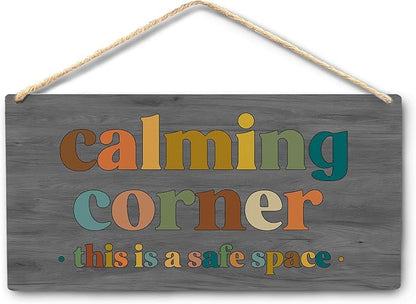 Calming Corner Hanging Wood Sign - Safe Space, Classroom Decor, School Counselor Office, Calm Down Corner Decorations, Boho Decor (Gray), 12x6