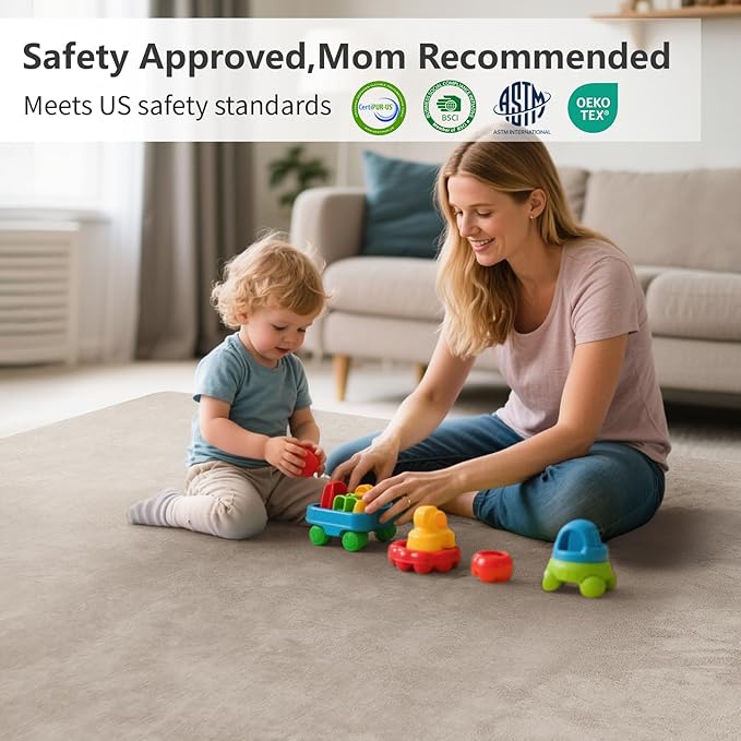 Baby Play Mat for Floor,Extra Large 79"×118" Tummy Time Mat,Thicker Memory Foam Mats for Toddler,Infant,Kids,Water Repellent Ultra Soft Coral Velvet,Non-Slip Backing Safe for Crawling(Beige)