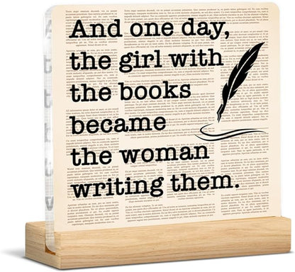 Writing Gifts for Women Girls, Funny Gifts for Writers Author Novelist Writing Lover, Retro Newspaper Acrylic Plaque Sign with Wooden Stand Home Office Decor