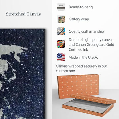 ElephantStock Starry World Map Multi Piece Canvas - 3 Panel Wall Decor - Map of the World Art - Canvas for the Office and Home - 50" X 32"