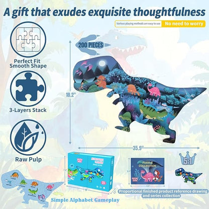OLMZIHYVD Jigsaw Puzzles for Kids Ages 4-8, 200 Pieces Glow in The Dark Dinosaur Floor Puzzle, Educational Gifts for Boys Girls and Animal Lovers, Ideal for Indoor and Outdoor Play, 35.9" × 18.2"