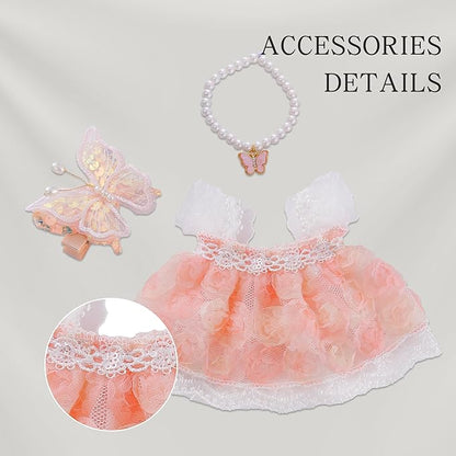 17cm Doll Clothes Set & Dolls Outfit 3-Piece Handmade Doll Clothing Set with Dress Necklace and Butterfly Decoration Accessories for 17cm Plush Dolls, Clothes Only, No Doll Included (Pink C)