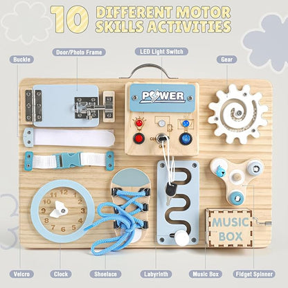 Joyreal Montessori Busy Board with LED Lights, Autism Sensory Travel Toys, Fidget Board Ideal Gift for Boys Girls Wooden Toddler Toys