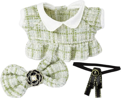 17cm Doll Clothes for Labubu - Luxury Chic Style Set for 17cm Dolls, Premium Doll Outfit with Accessories - Green Plaid Tweed Dress + Black Necktie + Plaid Bow (Clothes Only)