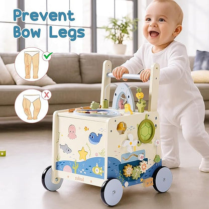 ROBUD Wooden Baby Push Walker, Marine Theme Learning Walking Toys, Adjustable Height Baby Walker with Decelerator, Montessori Toys for Baby Age 10 Months+, WRP23
