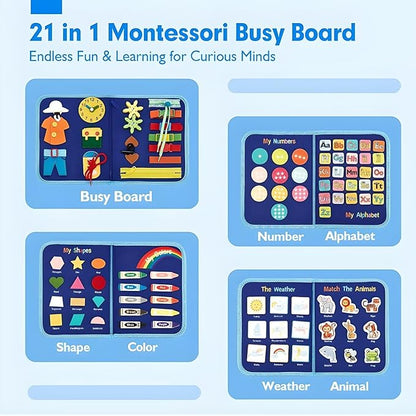 Montessori Busy Book I Toddler Busy Board I Travel Toys for Toddlers 2-4 Quiet Sensory Activity Board I Fine Motor Skills Learning Shapes Colors Animals I Gift Toys For Boys -8 Pg, Blue