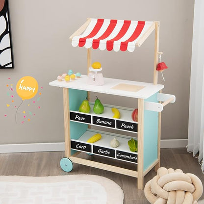 Costzon Kids Pretend Play Grocery Store, Wooden Ice Cream Cart Toy Set for Kids with Ice Cream Making Counter, Scale, Bell, Display Shelves, Black Board, Canopy, Solid Wooden Wheels, Gift for Toddlers