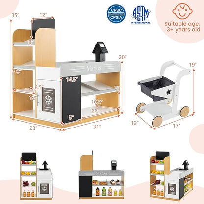 HONEY JOY Kids Grocery Store Playset, Wooden Play Store with Shopping Cart, Toddler Supermarket Checkout Stand w/Blackboard, Display Shelves, Grocery Store Pretend Play, Gift for Boys Girls, Natural