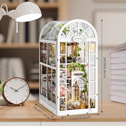 DIY Book Nook Kit, Miniature Bookshelf Decor with LED Lights, Laser-Cut Wooden Craft Set for Adults, Creative Gift for Christmas, Birthday, Coffee Garden