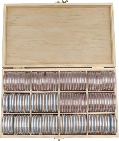20-46 mm Wooden Coin Holder, 120 Pcs Highly Transparent Coin Capsules with Foam Gasket, Coins Collector Case Holder, Professional Coin Storage Case Box for Coin Collection (Wood Color)