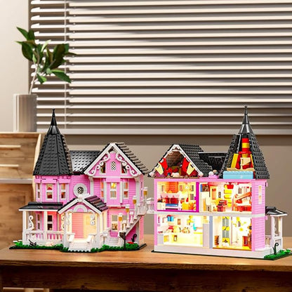 Pink Palace House Building Set with Lights, Halloween Haunted House Blocks Toy, Halloween House Kit for Kids Adults,Christmas for Girls and Boys, Aged 8+ (1349PCS)