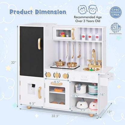 HONEY JOY Kids Kitchen Playset, Wooden Little Chef Pretend Play Kitchen Set w/Chalkboard & Water Dispenser, Lighted Stove, Storage Cabinet, Utensils, Play Kitchen for Toddlers, White + Golden