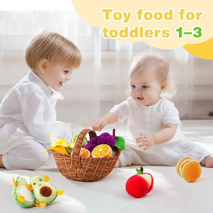 Play Food for Toddler 1-3, Plush Pretend Food Set with Sorting Fruit Basket, Baby Sensory Toys 6-12 Months, Montessori Learning Early Educational Toy for Infants, Gifts for 1 Year Old Boy Girl