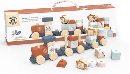 Speedy Monkey Wooden Pull-Along Train Stacker – Soft Colors, Monkey Character, Stacking Blocks, Build Houses | Non-Toxic Paint, Creative Fun, Ideal for Kids, Educational Toy for Toddlers