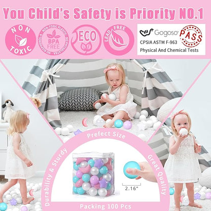 GOGOSO Ball Pit Balls Stars Moon Shapes Plastic Pitballs for Toddler Play Tent Baby Photo Props Kids Pool Water Toys Kiddie Pool Party Decor,Pink+Green+Purple+Pearl White,100PCS