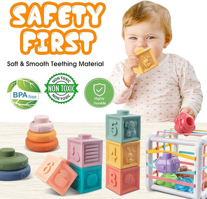 4-in-1 Baby Toys for 6-12 Months, Montessori Soft Stacking Blocks for Babies, Infants Teething Toys, Sensory Balls and Educational Learning Set for Toddlers (Boys & Girls)