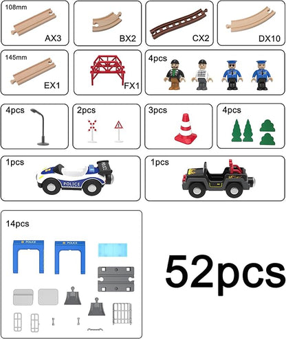 Wooden Train Set for Toddlers, 52Pcs Train Toy with Railway Track for Kids, Wooden Train Tracks Include Expansion Pack Compatible with Thomas, Brio, Chuggington