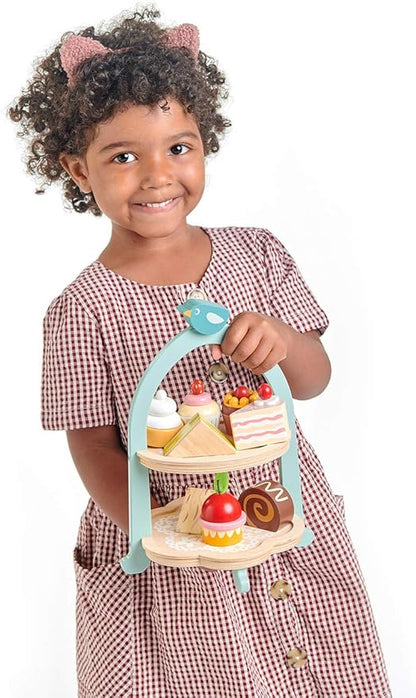 Tender Leaf Toys - Mini Chef Birdie Afternoon Tea Stand – Realistic English Sandwich, Cake and Pastry Tower for Pretend Play High-Tea Party - Social, Creative, and Imaginative Role Play - Age 3+