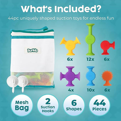 BUNMO Bath Toys Suction - Connect, Build, Create - Bath Toys - Hours of Fun & Creativity - Fine Motor Skills - Stimulating Sensory Toys - Non-Mouthable Toy 3+ - Textured 44 Pack