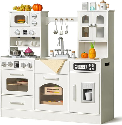 Wooden Play Kitchen for Toddlers and Kids with Lights & Sounds, Large Interactive Pretend Play Set with Ice Maker, Stove, Sink, Oven, 12 Accessories - Ages 3-8