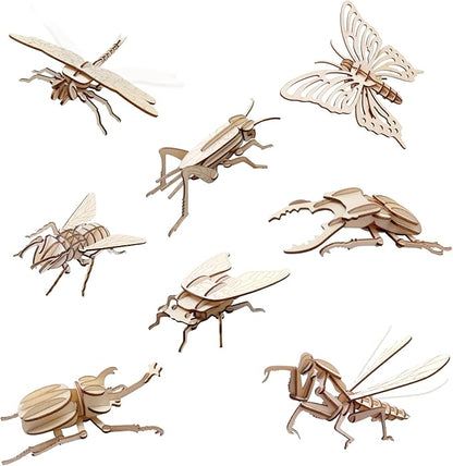 ELX Wooden 3D Puzzles for Kids 6+, 8 Piece Set Insect Animal Models, Wood Building Kits DIY Wooden Crafts Stem Toys peresents for Kids and Adults