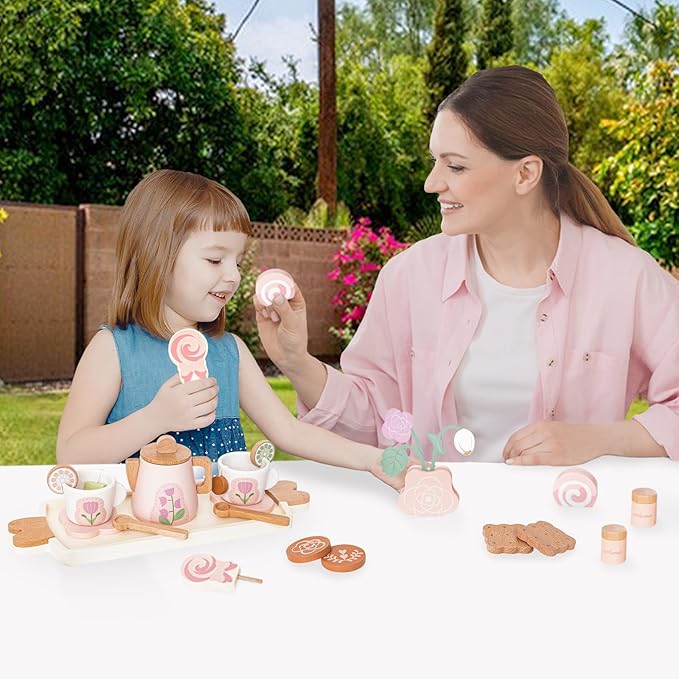 Wooden Tea Set for Little Girls, Pretend Play Tea Party Set Toy with 27 PCS Play Kitchen Accessories, Princess Tea Set Toy, Birthday Gift for Kids 3-5 Years Old, Improve Imagination