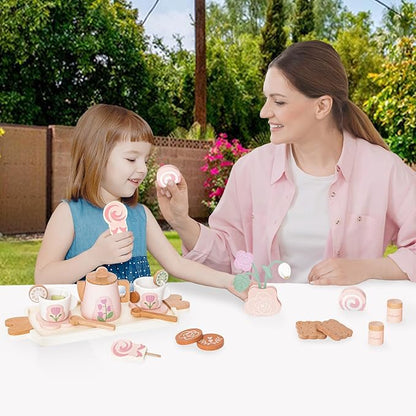 Wooden Tea Set for Little Girls, Pretend Play Tea Party Set Toy with 27 PCS Play Kitchen Accessories, Princess Tea Set Toy, Birthday Gift for Kids 3-5 Years Old, Improve Imagination