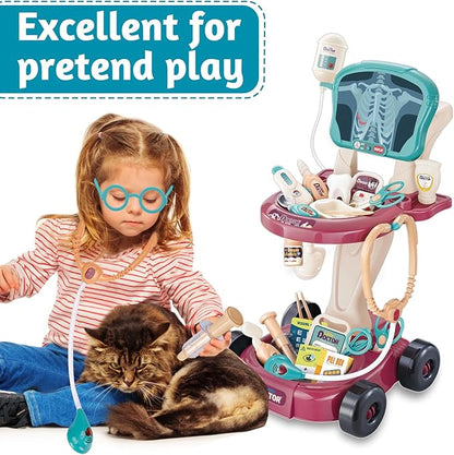 29 Pcs Doctor Kit for Toddlers 3-5 Pretend Play Toys Dentist Set Vet Medical Mobile Cart with Sound & Light Xray Stethoscope Toddler Doctor Play Set 3 4 5 Year Old Girls Gift Christmas