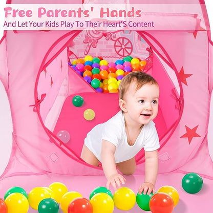 3pc Princess Fairy Tale Kids Play Tent, Cube Crawl Tunnel, Ball Pit for Toddlers, Indoor Outdoor Playhouse Castle Toys, Baby Boys Girls for 3 4 5 6 7 Years Old (Balls Not Included)