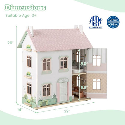 Costzon Wooden Dollhouse for Kids, 3-Level Dollhouse Playset with Double-Sided Roofs, 19 Furniture & Accessories, 5 Rooms, Pretend Play Toddler Doll House, Gift for Kids Aged 3+ (Multicolor)