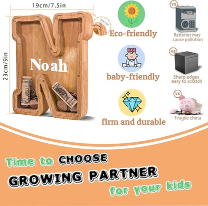 Wooden Letter Piggy Bank for Kids Larger Letter Piggy Bank for Boys and Girls Personalized Piggy Bank Initial Coin Bank Wood Kids Money Bank for Birthday and Festival