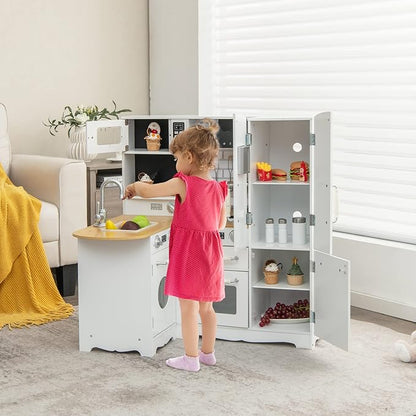 Costzon Corner Kids Kitchen Playset, 11-in-1 Wooden Toy Kitchen Set with Realistic Washing Machine, Microwave, Oven, Stove, Refrigerator, Range Hood, Telephone, Play Kitchen for Toddlers Boys Girls
